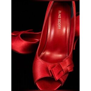 Blake Scott Red Satin Heels Bow Peep Toe Pumps Wedding Date Night Shoe Size 10 M